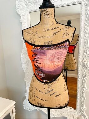 New York Couture Reworked Harley Davidson Orange Logo Motorcycle Corset Top